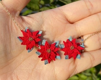 Red Poinsettia flower necklace for Christmas/Microcrochet/14k gold/winter for her/Knitting handmade jewelry