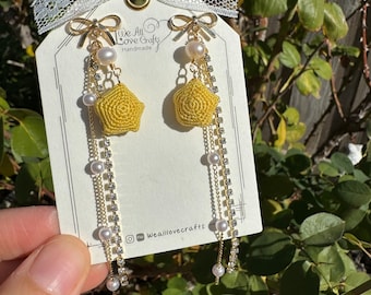 Yellow 3D Star with rhinestone star crochet earrings/Microcrochet/14k gold plated/amigurumi/Knitting handmade jewelry/Ship from US