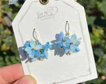 Blue ombre flower cluster ball crochet dangle stud earrings/Micro crochet/14k gold plated/gift for her/Knit handmade jewelry/Ship from US