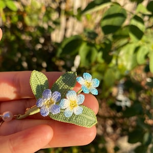 Forget me not flower crochet Brooch/Microcrochet/Blue crochet flower jewelry/Asymmetrical/Summer accessory for hers/Ship from US