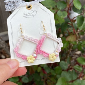 Ombre Pink with yellow flower and pearl crochet earrings in square shape/Microcrochet /dangle geometry jewelry/gift for her/Ship from US image 7