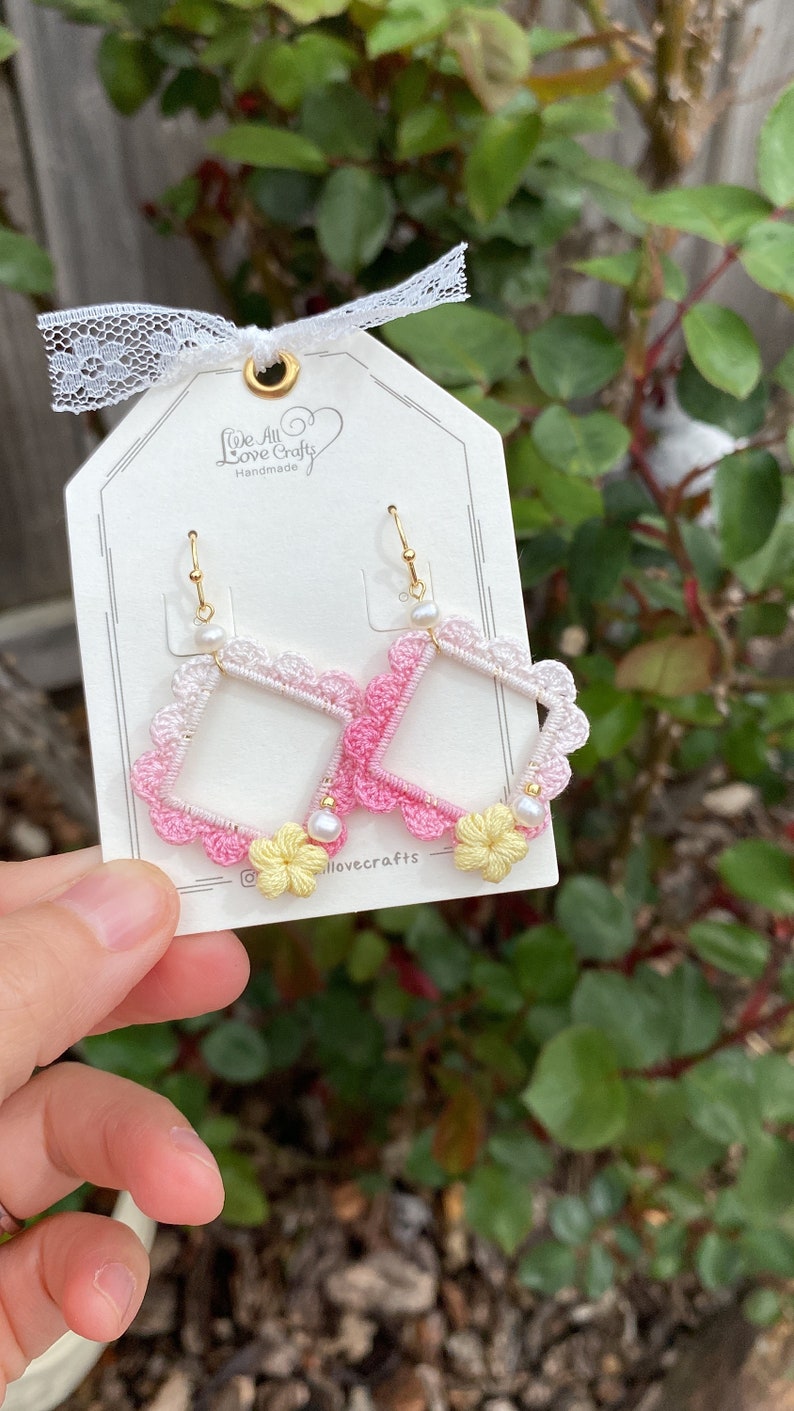 Ombre Pink with yellow flower and pearl crochet earrings in square shape/Microcrochet /dangle geometry jewelry/gift for her/Ship from US image 7