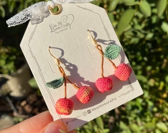 Cherry crochet dangled earrings/Microcrochet/14k gold jewelry/Summer fruit gift for her/Ship from US