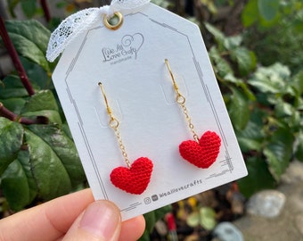Red 3D heart crochet dangle earrings/Microcrochet/14k gold plated/Valentine's day Love gift for her/Knitting handmade jewelry