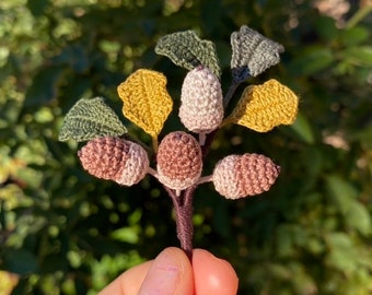 Christmas Acorn branch crochet brooch/Micro crochet /Handmade fall Winter embroidery jewelry/Christmas gift for her