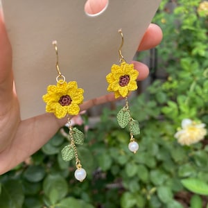 Yellow Sunflower dangle earrings/Microcrochet/14k gold/fall flower gift for her/Knitting handmade jewelry/Ship from US
