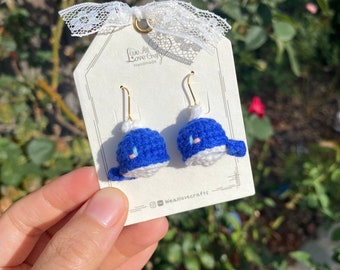 Dark Blue and white 3D Amigurumi Kawaii whale crochet dangle earrings/Microcrochet/14k gold plated jewelry/gift for her/Ship from US