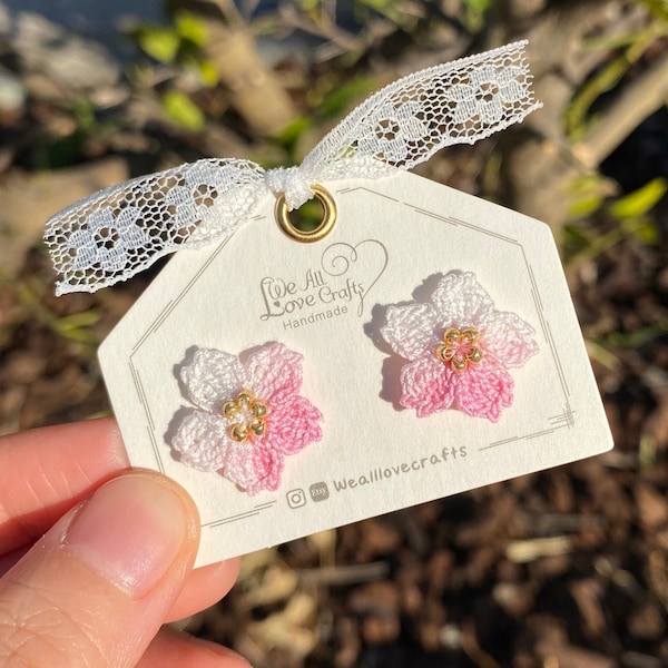 Japanese Cherry blossom crochet stud earrings/Microcrochet/Pink Ombre flower with gold beads/14k gold/Summer gift for her