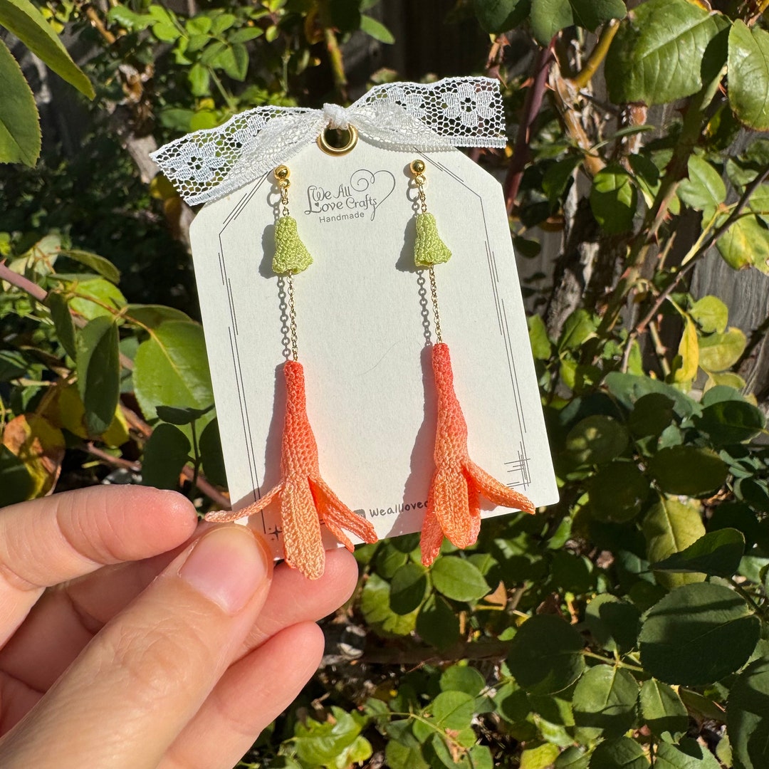 Honeysuckle Flower Crochet Dangle Earrings/microcrochet/14k Gold/spring Floral Gift for Her