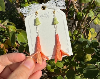 Honeysuckle flower crochet dangle earrings/Microcrochet/14k gold/Spring floral gift for her/Knitting handmade jewelry/Ship from US