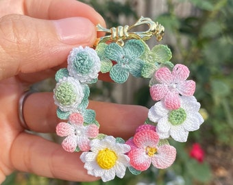 Pastel delicate flower Wreath crochet brooch/Micro crochet/Handmade Crochet brooch/Elegant brooch for her/Knitted flowers/Ship from US