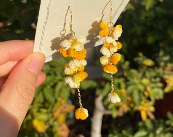 Yellow Ombre flower cluster crochet dangle earrings/Microcrochet/14k gold/gift for her/Knitting handmade jewelry