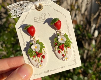 Strawberry flower polymer clay handmade stud earrings/925 nSterling silver jewelry/Summer fruit gift for her/Ship from US