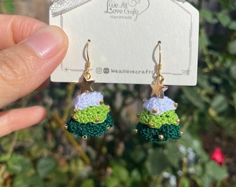 Christmas 3d layered tree crochet dangle earrings with beads/Microcrochet/gift for her/Knitting handmade jewelry/Ship from US