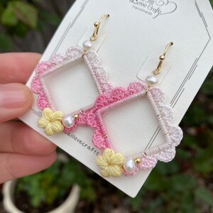 Ombre Pink with yellow flower and pearl crochet earrings in square shape/Microcrochet /dangle geometry jewelry/gift for her/Ship from US image 4