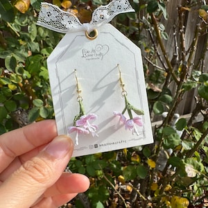 Pink Rose Glorybower flower crochet dangle stud earrings/Micro crochet/14k gold plated/gift for her/Knit handmade jewelry/Ship from US