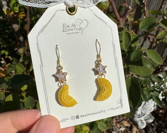 Yellow 3D moon with rhinestone star crochet earrings/Microcrochet/14k gold plated/amigurumi/Knitting handmade jewelry/Ship from US