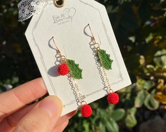 Holly with Red berries dangled earrings/Microcrochet/14k gold earrings/fall flower gift for her/Knitting handmade Christmas jewelry