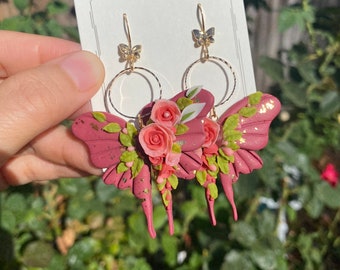 Red butterfly with florals Polymer Clay handmade earrings/Flower jewelry/Wedding flower earrings/bride and bridesmaid/Ship from US