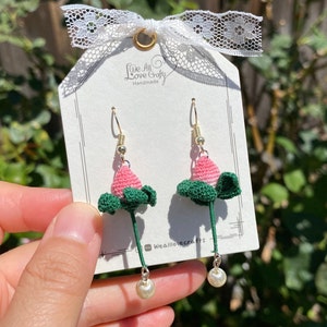 Strawberry flower with pearl crochet Dangle earrings/Microcrochet/14k gold jewelry/Summer fruit gift for her/Ship from US