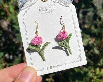 Magenta Pink single rose flower crochet dangle earrings/Microcrochet/14k gold/love gift for her/Knitting handmade jewelry/Ship from US