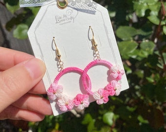 Ombre Pink puff flowers earrings in circle shape/Microcrochet /geometry jewelry/gift for her/Ship from US