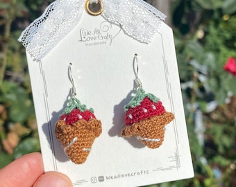 Strawberry Icecream cone crochet dangled earrings/Amigurumi/Micro crochet/14k gold jewelry/Summer fruit gift for her/Ship from US
