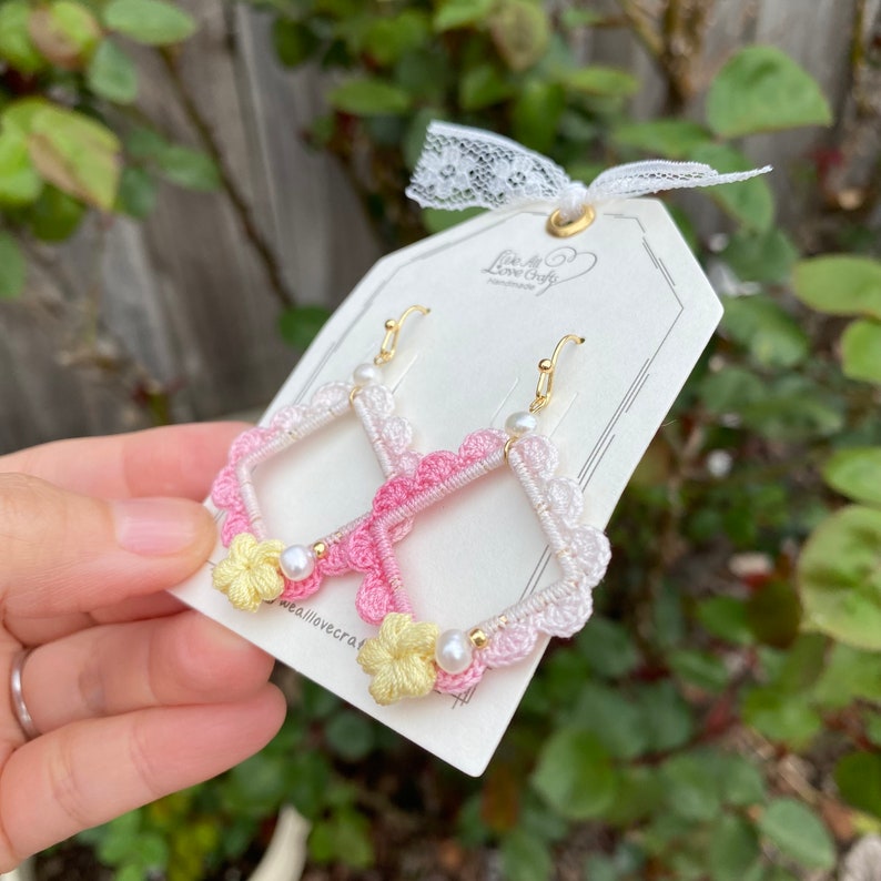 Ombre Pink with yellow flower and pearl crochet earrings in square shape/Microcrochet /dangle geometry jewelry/gift for her/Ship from US image 3