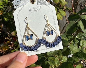 Navy blue leaves with rhinestone Butterfly geometry triangle crochet earrings/Microcrochet/amigurumi/Knitting handmade jewelry/Ship from US