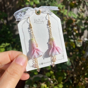 Pink honeysuckle flower crochet dangle earrings/Micro crochet/14k gold plated/gift for her/Knit handmade jewelry/light weight/Ship from US