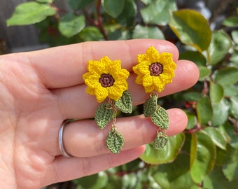 Yellow Sunflower dangle stud earrings/Microcrochet/14k gold/fall flower gift for her/Knitting handmade jewelry/Ship from US