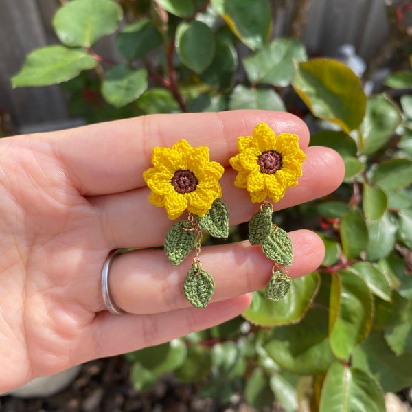 Yellow Sunflower dangle stud earrings/Microcrochet/14k gold/fall flower gift for her/Knitting handmade jewelry/Ship from US