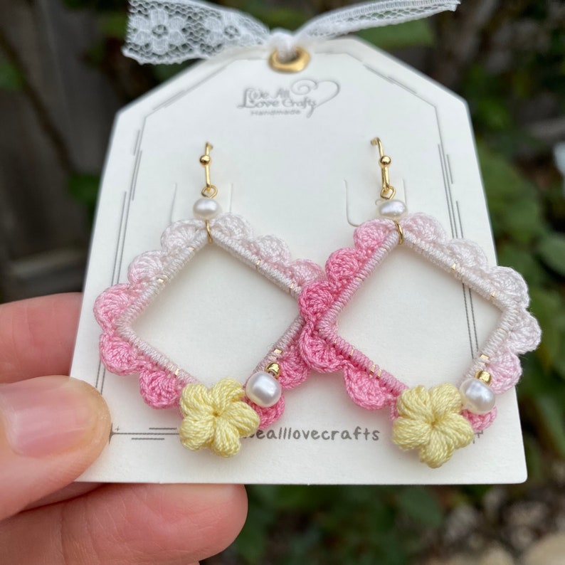 Ombre Pink with yellow flower and pearl crochet earrings in square shape/Microcrochet /dangle geometry jewelry/gift for her/Ship from US image 2