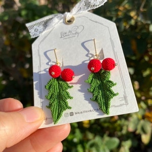 Holly with Red berries dangled earrings/Microcrochet/14k gold earrings/fall flower gift for her/Knitting handmade Christmas jewelry