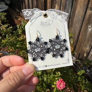 Black sparkling lace beaded with pearl Wedding Tatting earrings/Lace tat/Crochet doily like/Handmade jewelry/eco friendly/Ship from US