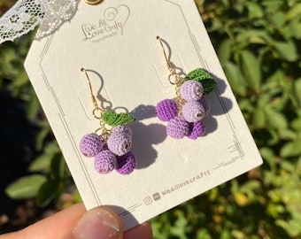 Purple grapes with leaf crochet dangled earrings/Microcrochet/14k gold jewelry/Summer fruit gift for her/Ship from US