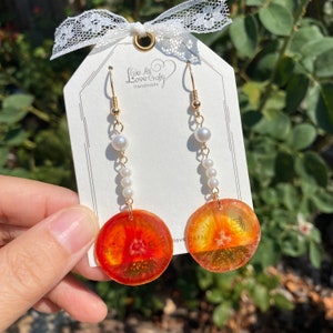 Real fruit dry pressed Tomato/Tomato Slice earrings/14k gold plated dangle earrings/Vegetable jewelry/  UV resin earrings