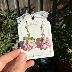 Two toned Pink  flower cluster crochet dangle stud earrings/Micro crochet/14k gold plated/Knitting handmade jewelry/Ship from US