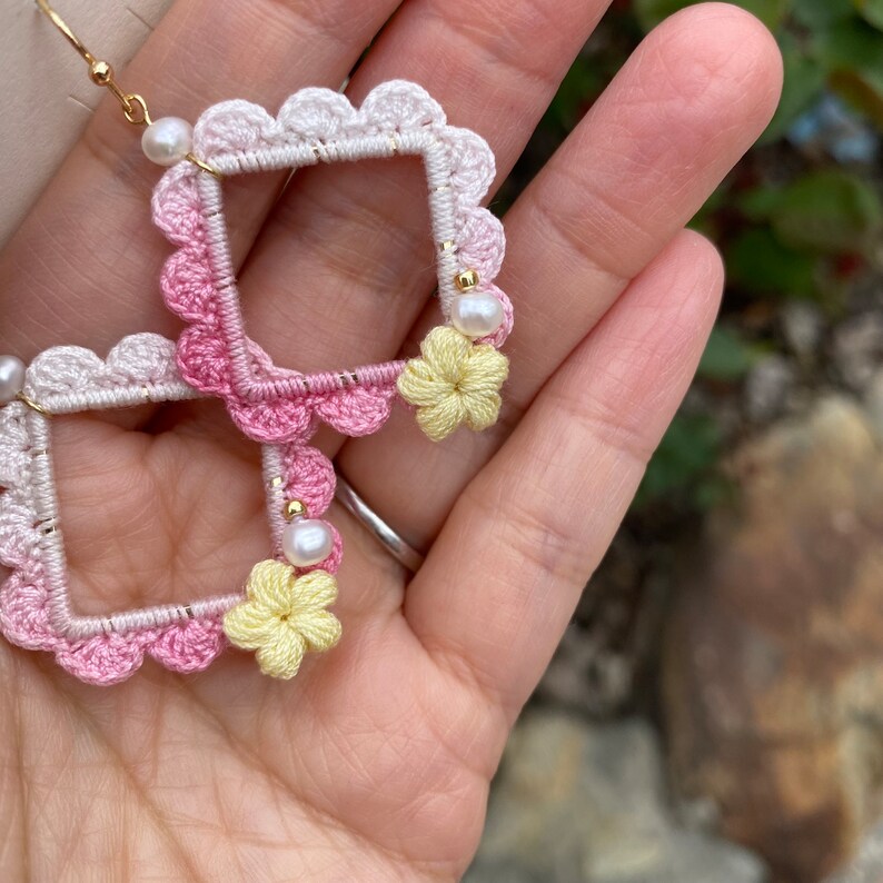 Ombre Pink with yellow flower and pearl crochet earrings in square shape/Microcrochet /dangle geometry jewelry/gift for her/Ship from US image 6