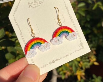 Rainbow with clouds crochet stud earrings/Microcrochet/14k gold jewelry/Summer fruit gift for her/Ship from US