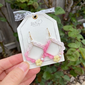 Ombre Pink with yellow flower and pearl crochet earrings in square shape/Microcrochet /dangle geometry jewelry/gift for her/Ship from US image 1