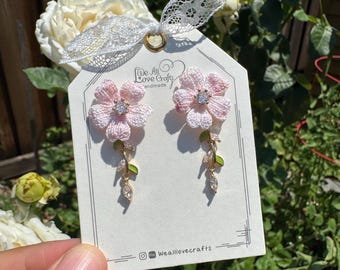 Japanese  Pink Cherry blossom with rhinestones crochet stud earrings/Microcrochet/Pink Shimmer flower/14k gold/Reday to ship from US