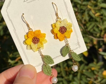Yellow Ombre Sunflower dangle earrings/Microcrochet/14k gold/fall flower gift for her/Knitting handmade jewelry/Ship from US