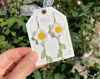 Larger White Sunflower dangle earrings/Microcrochet/14k gold/fall flower gift for her/Knitting handmade jewelry/Ship from US