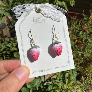 Pink ombre Strawberry crochet dangled earrings/Amigurumi/Micro crochet/14k gold jewelry/Summer fruit gift for her/Ship from US