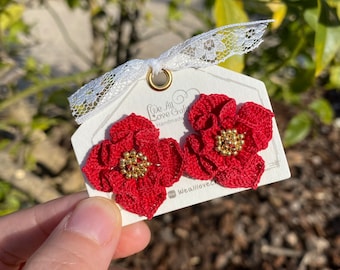 Red crochet flower with gold beads stud earrings/Microcrochet/14k gold/gift for her/kitted twine/Knitting handmade jewelry/Ship from US