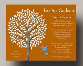 May include: A brown card with a white tree and blue birds. The card has a poem that reads "To Our Godson Brian Alexander. We felt so truly blessed The day your parents asked us The day we answered "yes" We promise through the years With all of life's demands Our love for you will never change, we're here with open hands A commitment of faith we bring to you and to our God above Forever and always and through life's years You'll always have our love Aunt Beth and Uncle Kyle"