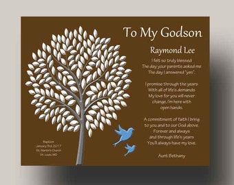 May include: A brown card with a white tree and two blue birds. The card has a message to a godson, Raymond Lee, with a commitment of faith and love. The text reads: "To My Godson Raymond Lee I felt so truly blessed The day your parents asked me The day I answered 'yes' I promise through the years With all of life's demands My love for you will never change, I'm here with open hands. A commitment of faith I bring to you and to our God above Forever and always and through life's years You'll always have my love. Aunt Bethany"