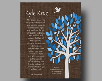 May include: A brown burlap background with a blue and white tree and a white bird. The text "Kyle Kruz" is at the top of the image. The text below the tree reads "May angels guide you on your journey in life and sprinkle you with their love and light. May you have the gifts of laughter and song. And be filled with dreams that last all the days that long. May you love and care with kindness and grace and know within your soul, courage and faith. You will be wrapped in the warmth of your family and friends, and rays of love will shine on you without end. Love, Aunt Cindy".