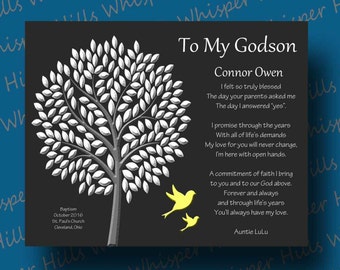 May include: A black and white tree illustration with yellow birds on a black background. The text reads "To My Godson Connor Owen" and includes a poem about the love and commitment of a godparent. The text also includes the date "October 2016" and the location "St. Paul's Church, Cleveland, Ohio."